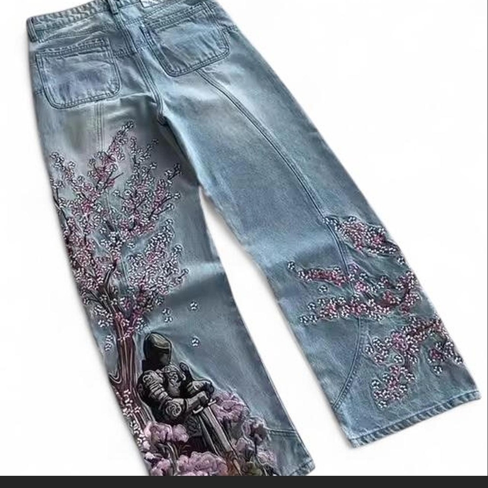 Floral Embroidered Light Blue Jeans